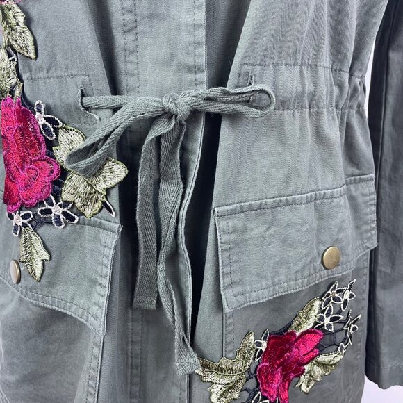 Active Usa Asymmetrical Floral Embroidered Womens Green Hooded Jacket Sz S - Picture 5 of 10